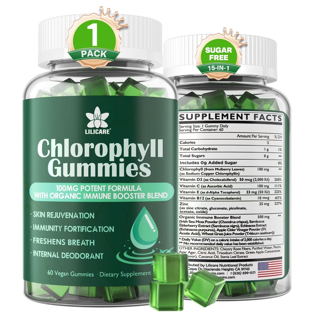 Kloorifylli Gummies - Super Green Wheat Grass, Sea Moss, suodattamaton ACV & Elderberry, Echinacea, Sinkki Complex & D3, C, E, B12 Natural Deodorant, Immuno & Digestion Support, 60 Chews