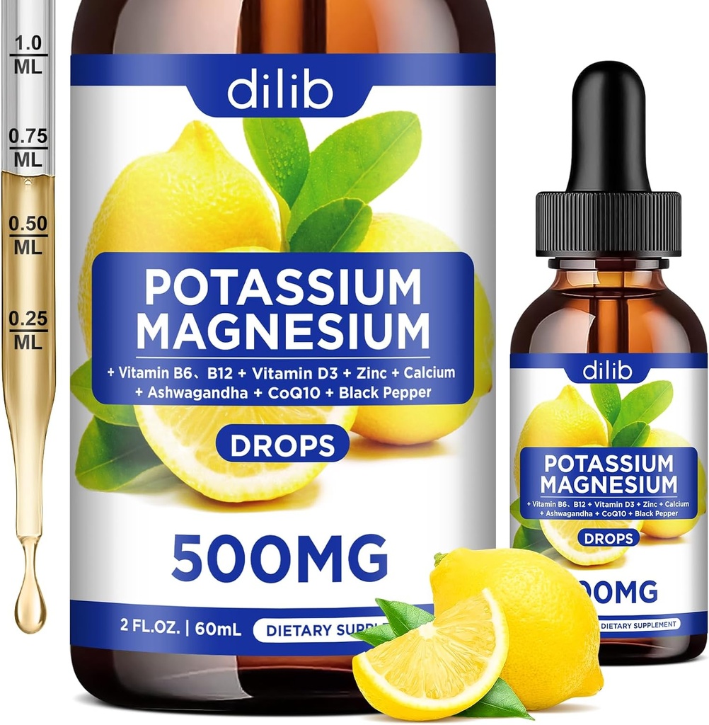 Kalium Magnesium Citrate Supplement, Liquid Magnesium Citrate Drops 500mg med Ashwagandha, Calcium, Zink, Vitamin D3, B6, B12, Q10 - Vegan 2 fl oz Lemon Flavor