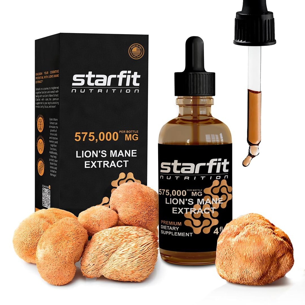 STARFIT Lion's Mane Mushroom Extract, 575,000 mg, nestemäinen lisä immuuni-, muisti- ja digestiivinen terveys, 4 fl oz