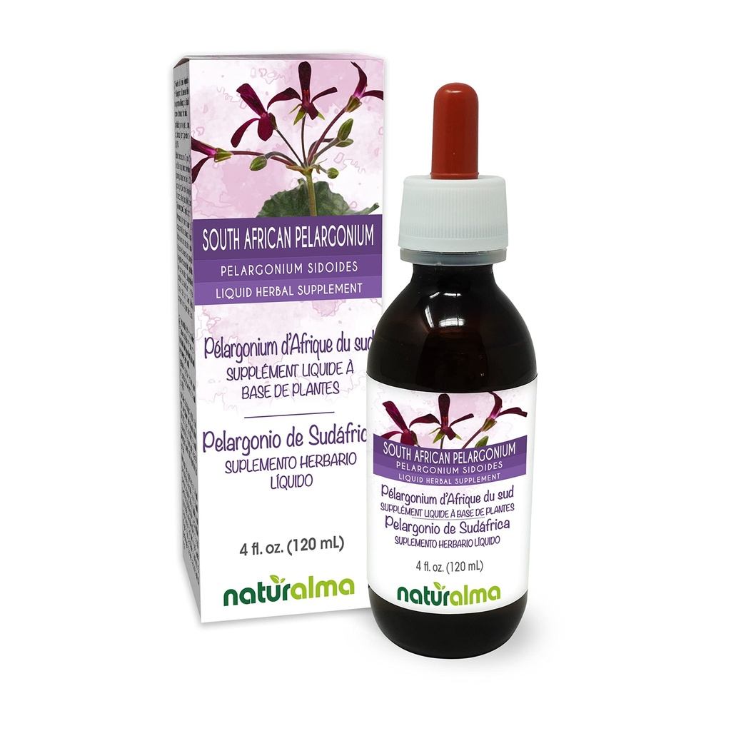 Naturalma South African Pelargonium tai Umckaloaba (Pelargonium sidoides) Juuri Alkoholiton Tincture - 4 fl oz Liquid Extract in Drops - Herbal Supplement - Vegan