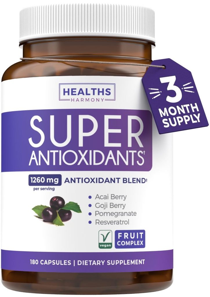 Super Antioksidanttien Supplement for Women & Men - High Potency Herbal & Fruit Blend Acai, Goji, Pomegranaatti, Elderberry & Resveratrol for Skin Care & Immuuni tuki - Vegan & non-GMO - 180 kapselia