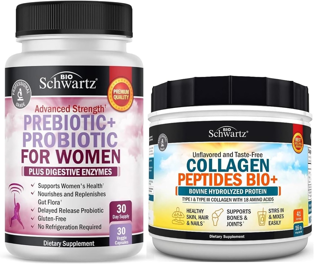 BioSchwartz Hydrolysed Collagen Peptides Powder (40+ Servings) Plus Prebiootit ja probiootit kanssa Dgestive Enzymes naisille (1 kuukausi tarjonta)