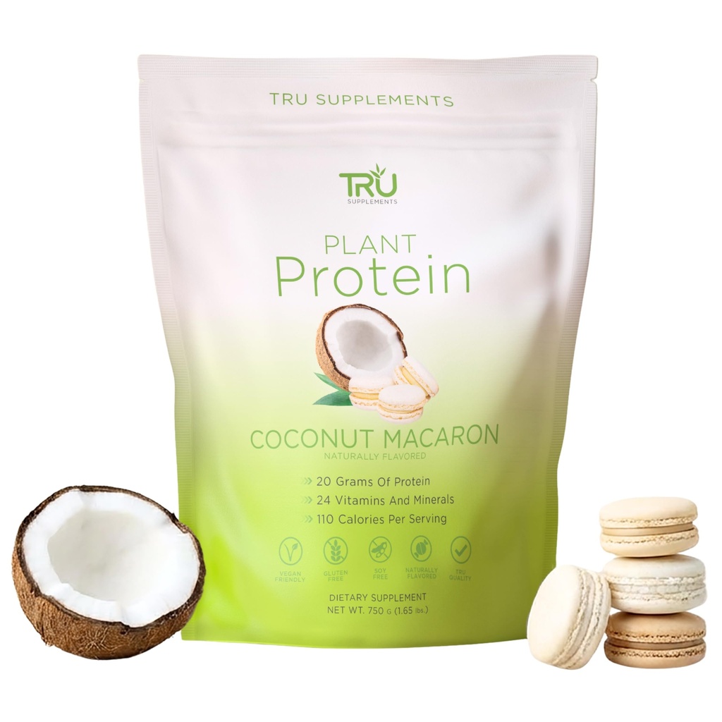 TRU täydentää Kasvipohjainen proteiinijauhe, BCAA, EAA, 20g Vegan Brown Rice & Pea Protein, 100 kaloreita, 27 vitamiinia, ei keinotekoisia makuja 25 tarjoilua (Coconut Macaron)