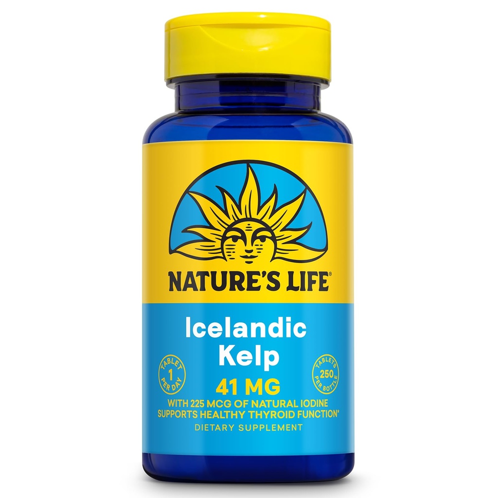 Nature's Life Iceland Kelp 41 mg - Sea Kelp Jodi Supplement Islannin Seawater - Kilpirauhastuki naisille ja miehille 225 mcg Natural Jodi - 60 päivän takuu, 250 tarjoilua, 250 tablettia