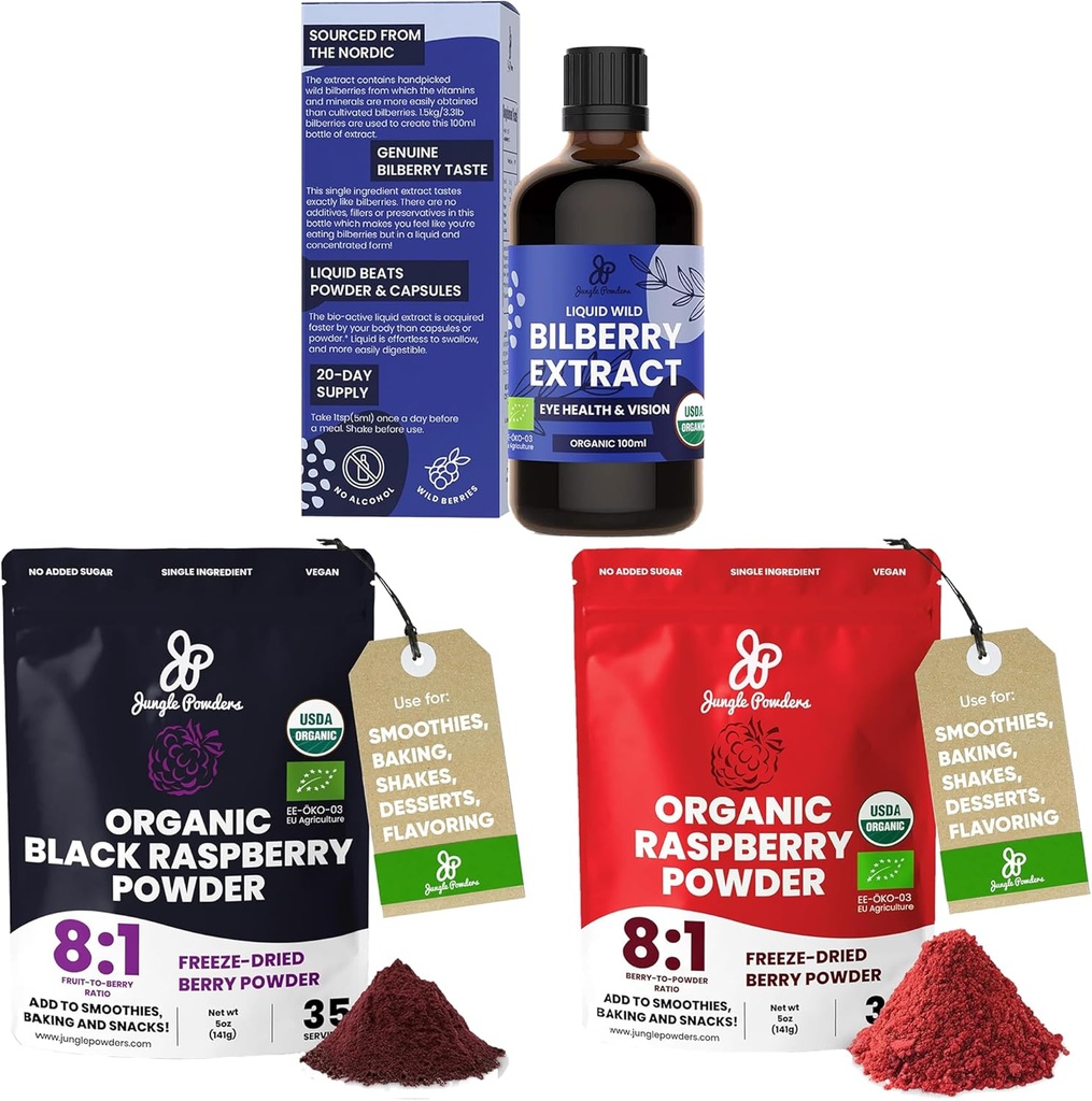 Viidakko Powders Wild Bilberry Extract silmät USDA Organic 3.4oz Pullo, musta punainen vadelma Powders Bundle 5 Ounce Bag, Freeze Kuivatut Vadelmat paistamiseen Smoothies Kuivattu Hedelmä