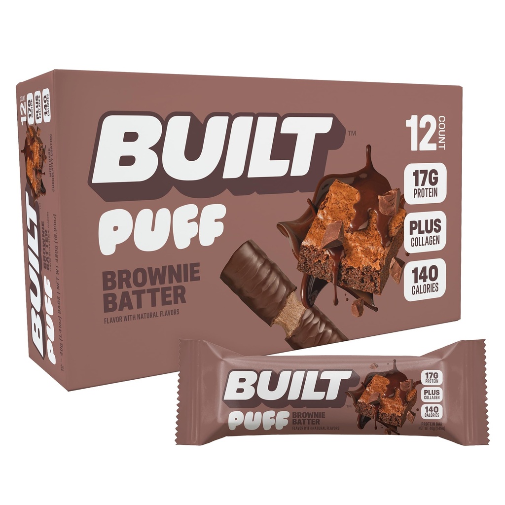 Byggd Bar, Puff Protein Bars, Brownie Batter Puff, 17g Protein Snacks, On-The-Go Bars, Endast 140 kalorier, 6g socker, Collagen, Gluten Free, 12 Count