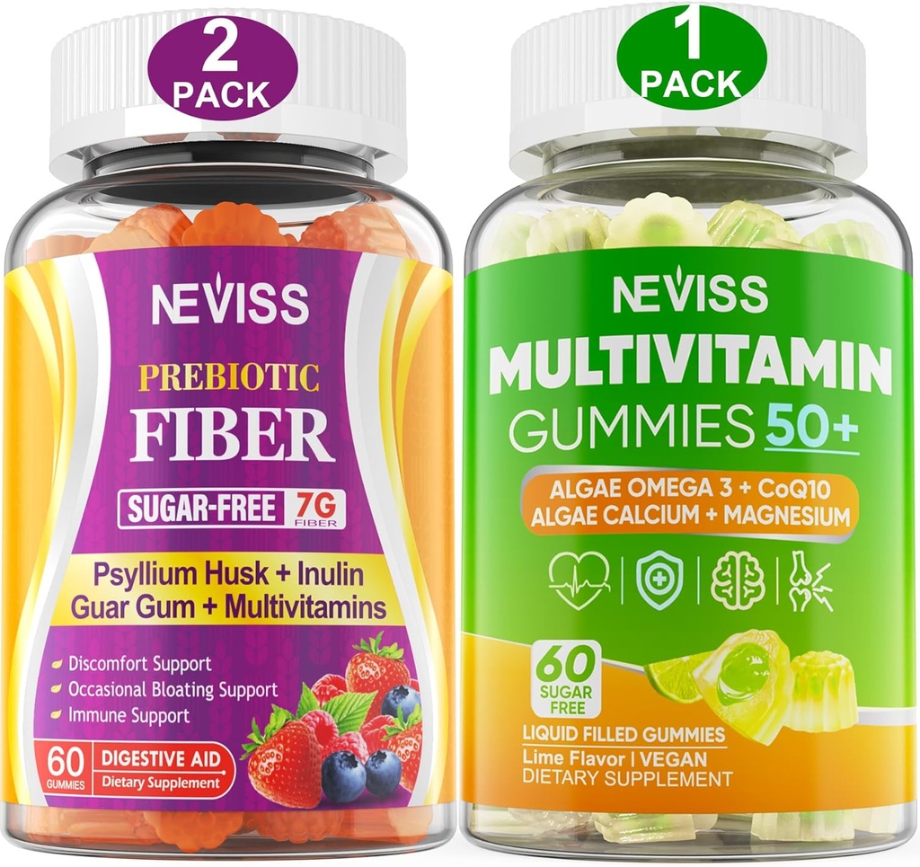 NEVISS Bundle - Naisten ja miesten 50+ monivitamiini 1 pakkaus ja prebioottikuitu 2 pakkaus