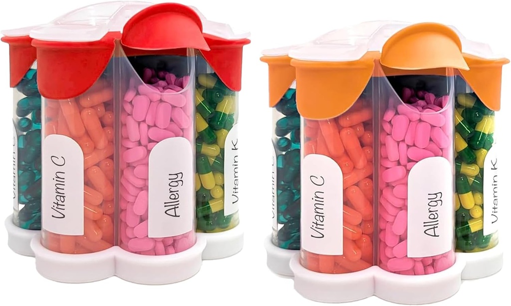 Erittäin suuri pilleri Järjestäjä Päivittäin, Viikoittain, Kuukausittainen täydennysosa Pullo, Söpö kukkia pilleri Jakaja 7 XL Osastot (2 Pack Combo) (Orange and Red)