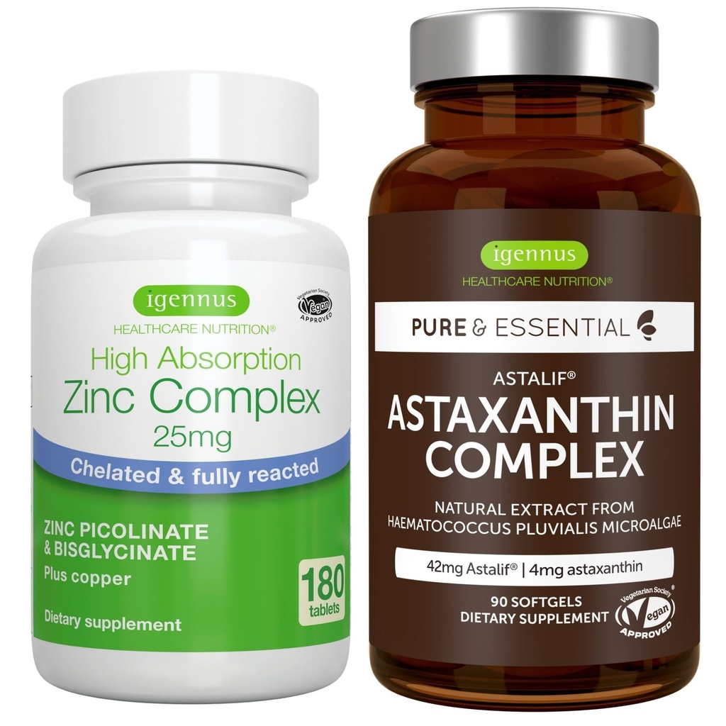 Astaksantiini Complex + Sinkki Complex Vegan Bundle, antioksidantti tuki ihon, hiusten ja kynsien, Igennus