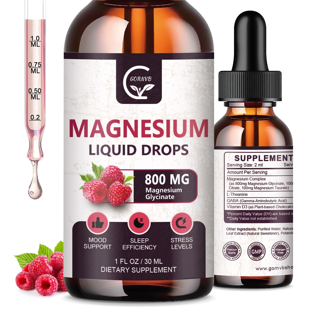 (2 Pack) Magnesium Glycinate flytande droppar | 1000mg flytande magnesiumkomplex med D3, L-Thea & GABA för energi, sömn, nerv och hjärthälsa, hög absorption, hallon smak