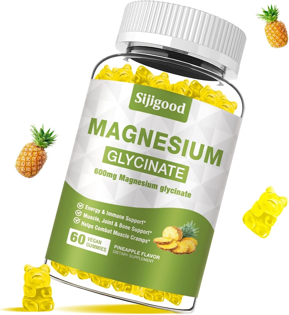 Magnesium Glycinate Gummies 600 mg, rentoutuminen & Zzz- tuki, magnesium Kaliumlisä aikuisille ja lapsille Sokeriton, C-vitamiini, B6 ja CoQ10 Ananas maku 60
