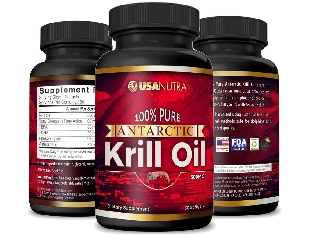 Antarktis Krill Oil Softgels 100% Pure Omega-3 EPA DHA Astaksantiini 1000 mg per päivä (2 Softgels). Made in The USA