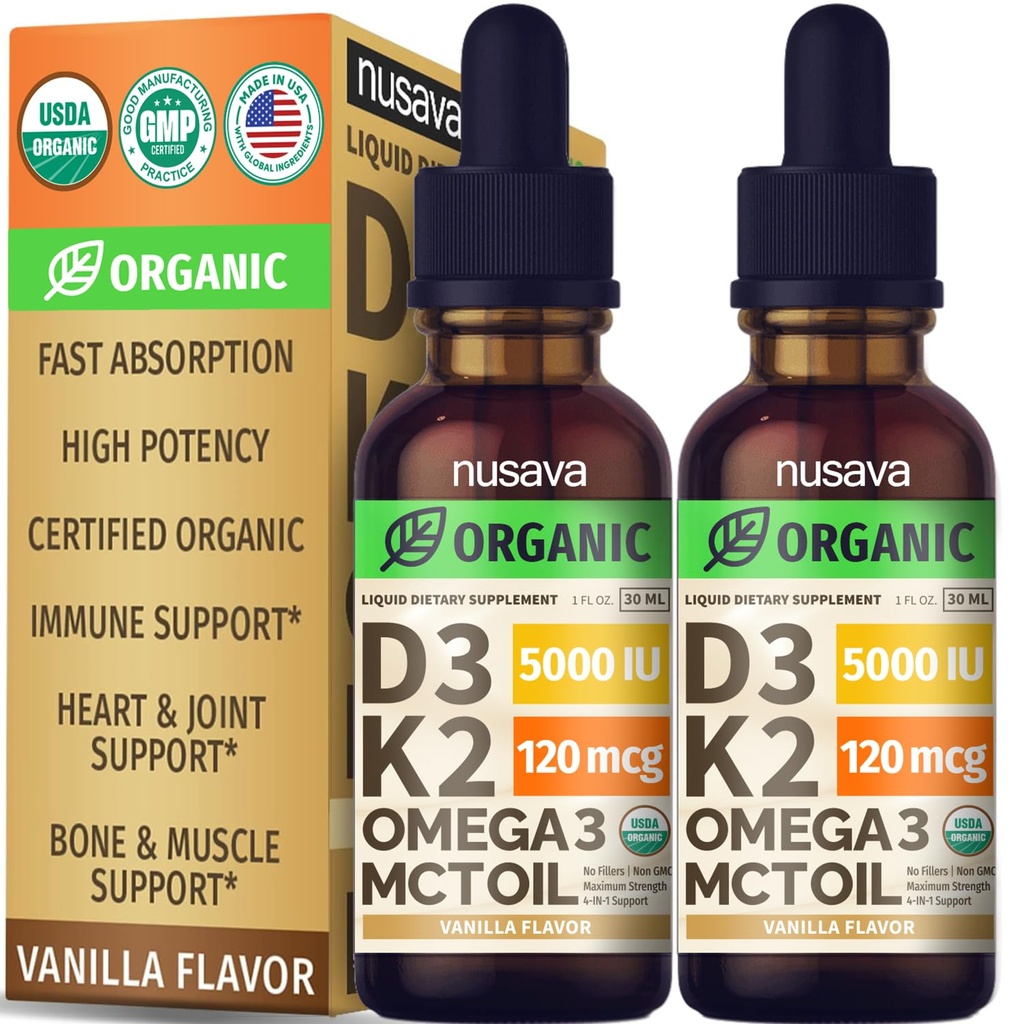 (2 pakkaus) Orgaaninen D3-vitamiini K2 Drops with MCT Oil Omega 3, 5000 IU - Maximum Strength D-vitamiini Liquid, Ei Fillers, Non-GMO Liquid D3 for Faaster Absorption and Immune Support (Vanilla, 1 Fl OZ x 2)