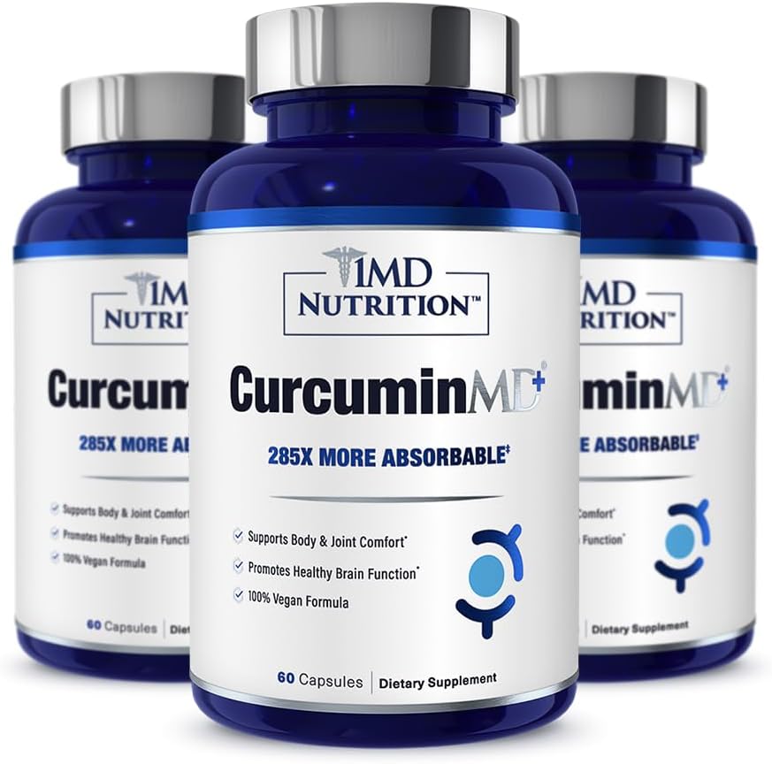 1MD Nutrition CurcuminMD Plus - Gurkmeja Curcumin med Boswellia Serrata - 285x Mer Absorbable | Joint Stiffness, Muscle Recovery och Mood Support | 180 kapslar (3-Pack)