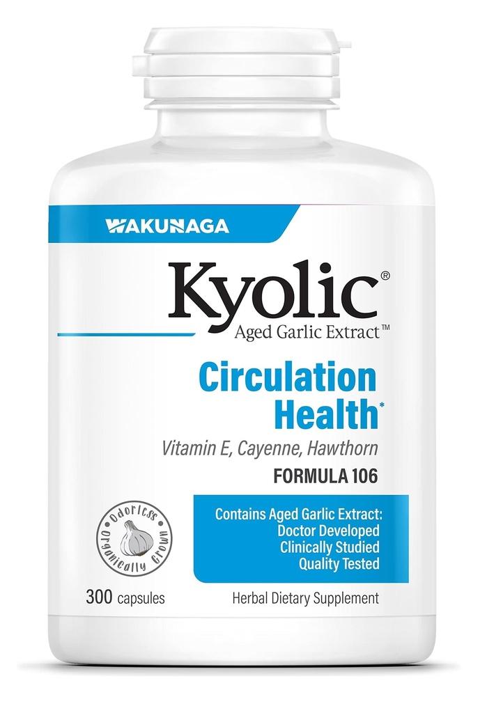 Kyolic Aged valkosipuliuute Formula 106, Kiertoterveys, 300 kapselia (Pakkaus toukokuussa Vary)