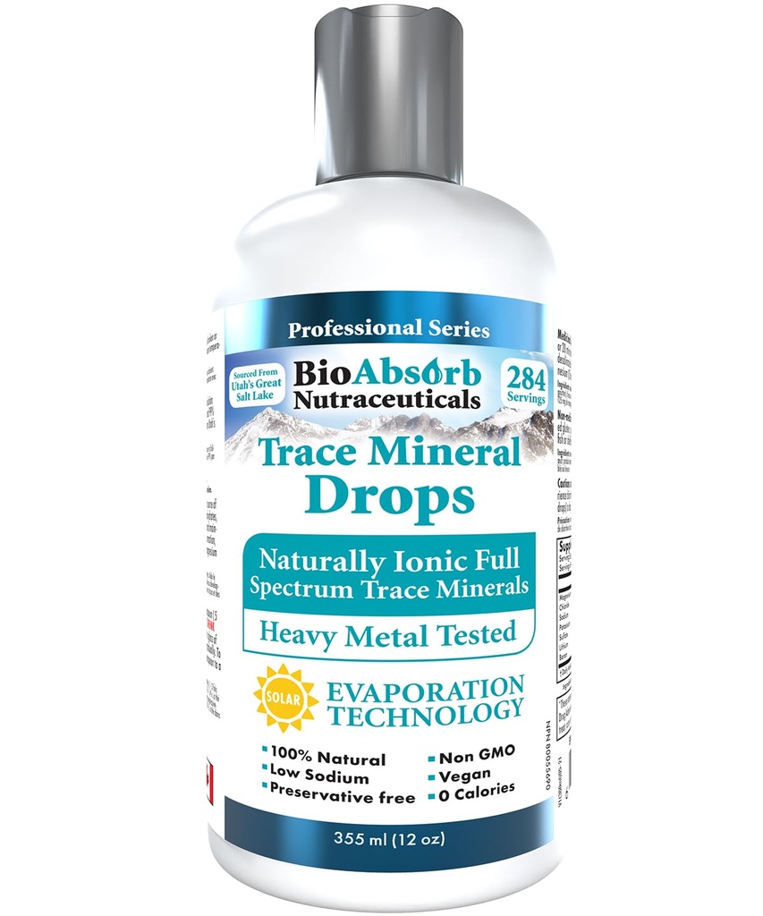 Bio Absorb spårar mineraldroppar. Tung metall testad. 284 portioner av organiska spårmineraler från koncentrerade Utahs GSL Sea Water. 125mg Ionic Magnesium (12 oz)