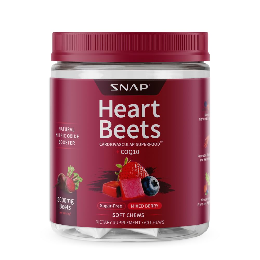 Snap lisäravinteet Heart Beets Organic Beet Root Soft Chews, Cardiovascular Support Supplement for Men & Women, CoQ10 & Red Pinaatti, Heart Health & Circulation Support, Sokeriton, Mixed Berry, 60 Chews