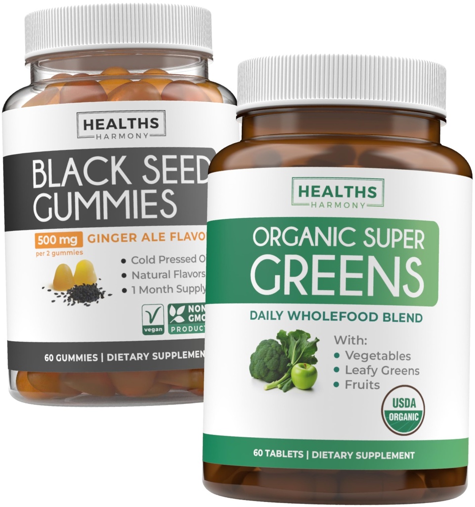Musta siemenöljy Gummies & Super Greens (1-kuukautta) - Daily Green Boost - Musta siemenöljy Gummies Inkivääri Ale Flavor Kylmäpainettu Nigella Sativa & Luomu Super Greens Täydellinen Super elintarvikkeiden täydentää