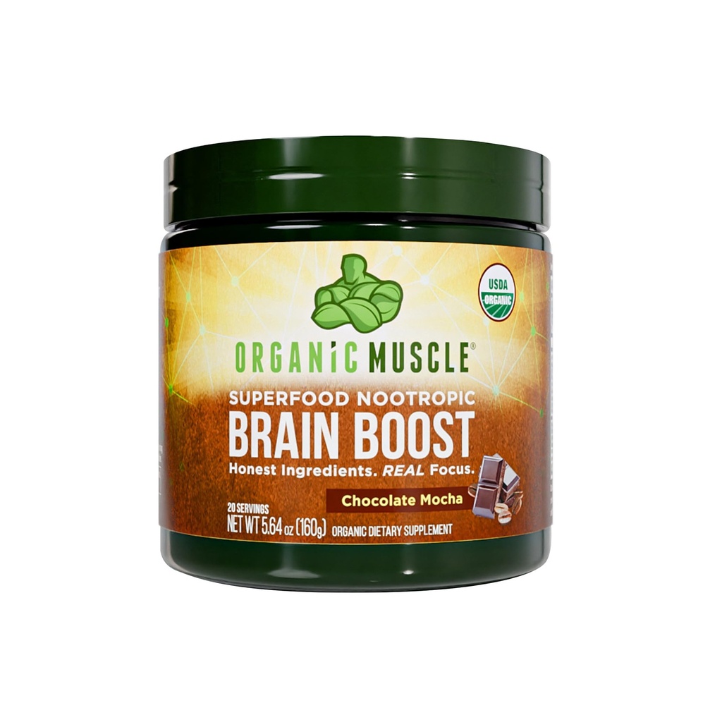 Organic Muscle Brain Boost Nootropics Blend - Vegan & Organic Superfood Health Lisäravinteet keskittyä, muisti & tuottavuus Ashwagandha, Ginkgo & Ginseng - Chocolate Flavor, 20 tarjoilua