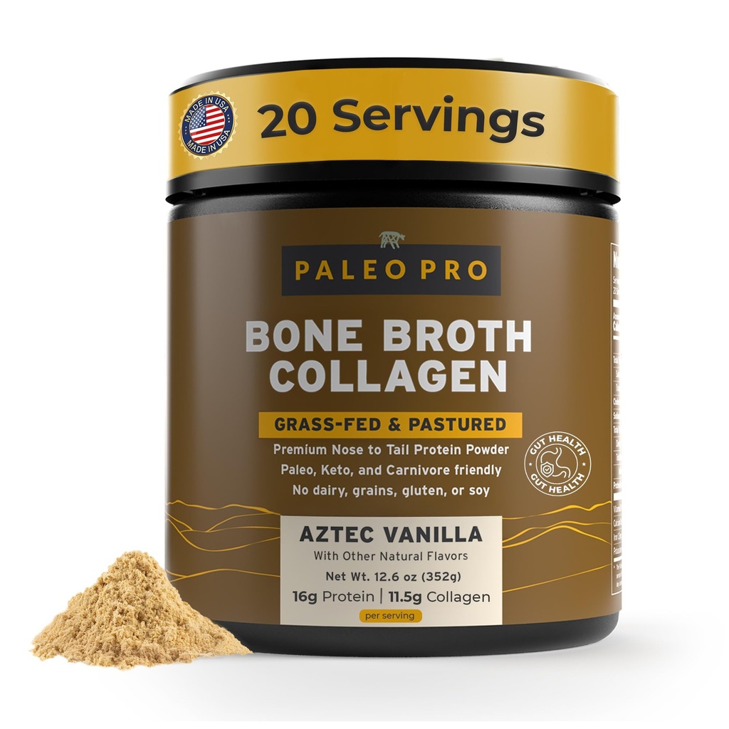 PaleoPro Bone Broth Collagen Protein Powder - Turmeric Root Grass-Fed Collagen Powder for Skin & Bones - Gluteeniton, Ei sokeria, soijaa, viljaa, Net Carbs - Paleo Keto Friendly 20 Tarjoilut Aztec Vanilla