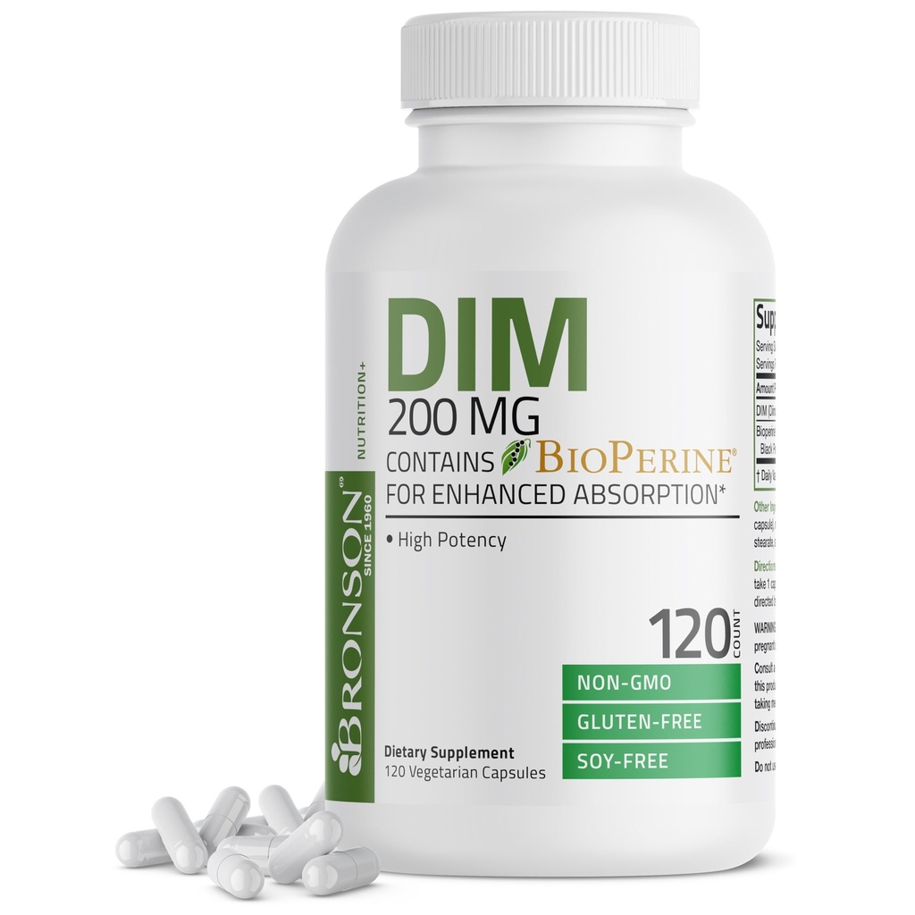 Bronson DIM Supplement 200 MG Diindolymetan med BioPerine för förbättrad absorption, östrogenmetabolism och underhåller balanserade hormonnivåer, 120 vegetariska kapslar