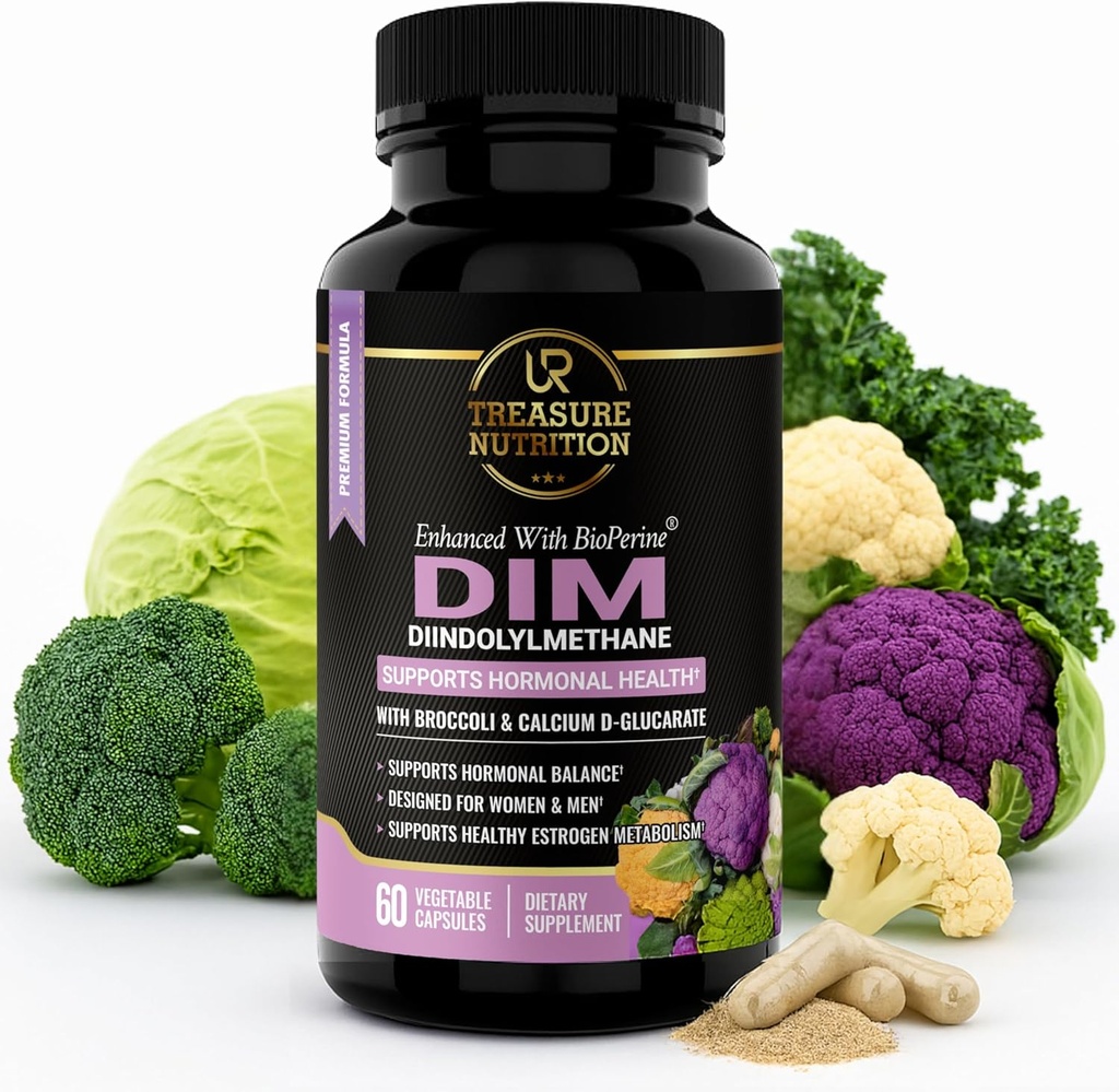 DIM täydentää parsakaaliuute ja BioPerine - Natural Hormone Balance Tuki naisille ja miehille - Estrogeenitasapaino - vaihdevuodet, akne - 60 kasvissyöjän kapselit kalsium D-Glukaraatti
