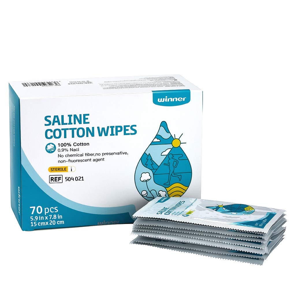 Voittaja Sterile Saline Wipes, 6" x 8" Suuri henkilökohtaisen hoidon pyyhkeet, Gentle Saline Pads lävistyksiä, Multi-Purpose herkkä silmät ja kasvot, erikseen kääritty, 70 Count