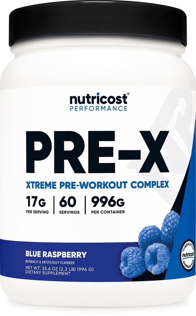 Nutricost Pre-X Xtreme Pre-Workout Complex Powder, Sininen vadelma, 60 Tarjoilut, kasvissyöjä, ei-GMO ja gluteeniton
