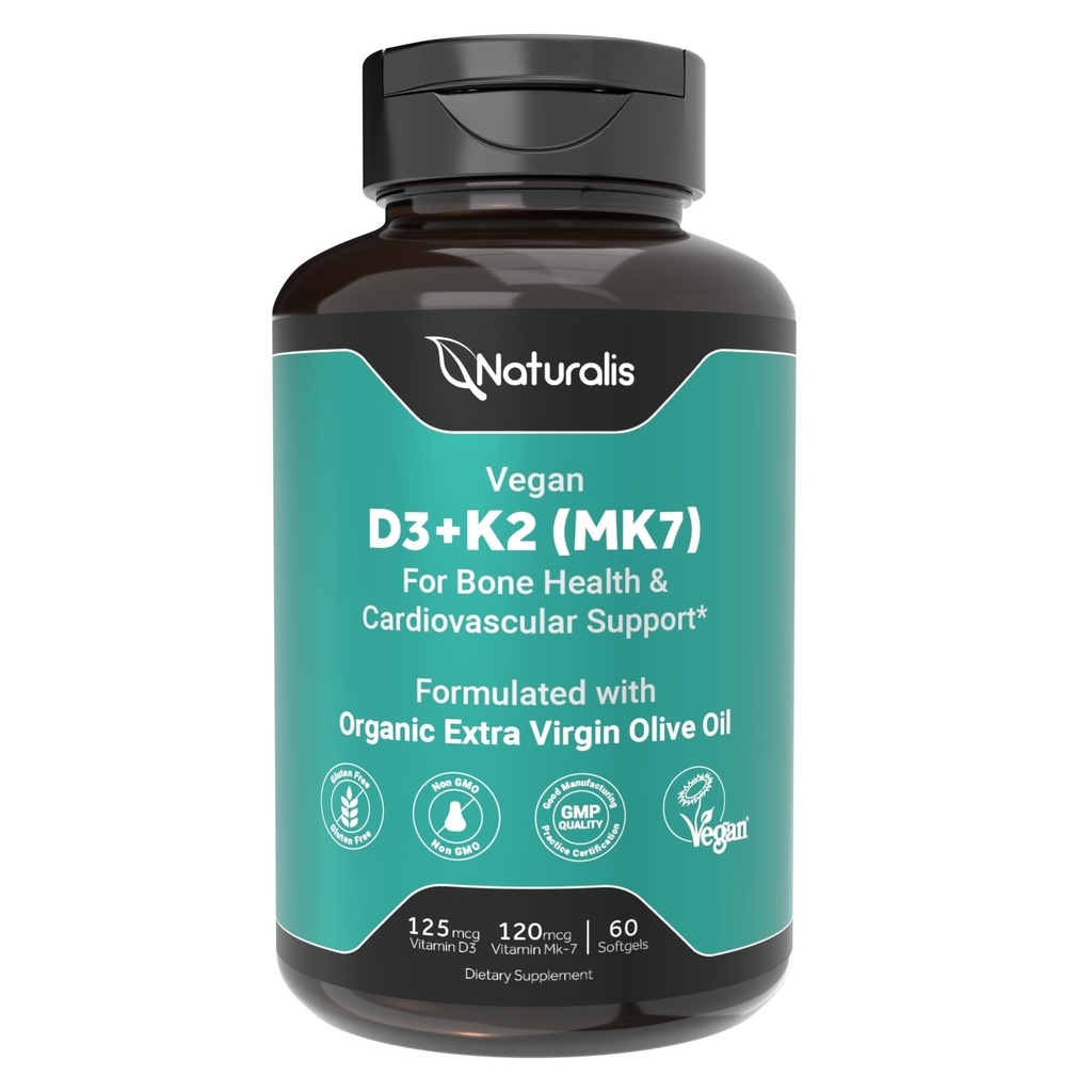 Naturalis Vegan D3+K2 Algae ... 5 000 IU D3 ja 120 mcg MK7 ... Vegan Society Certified.