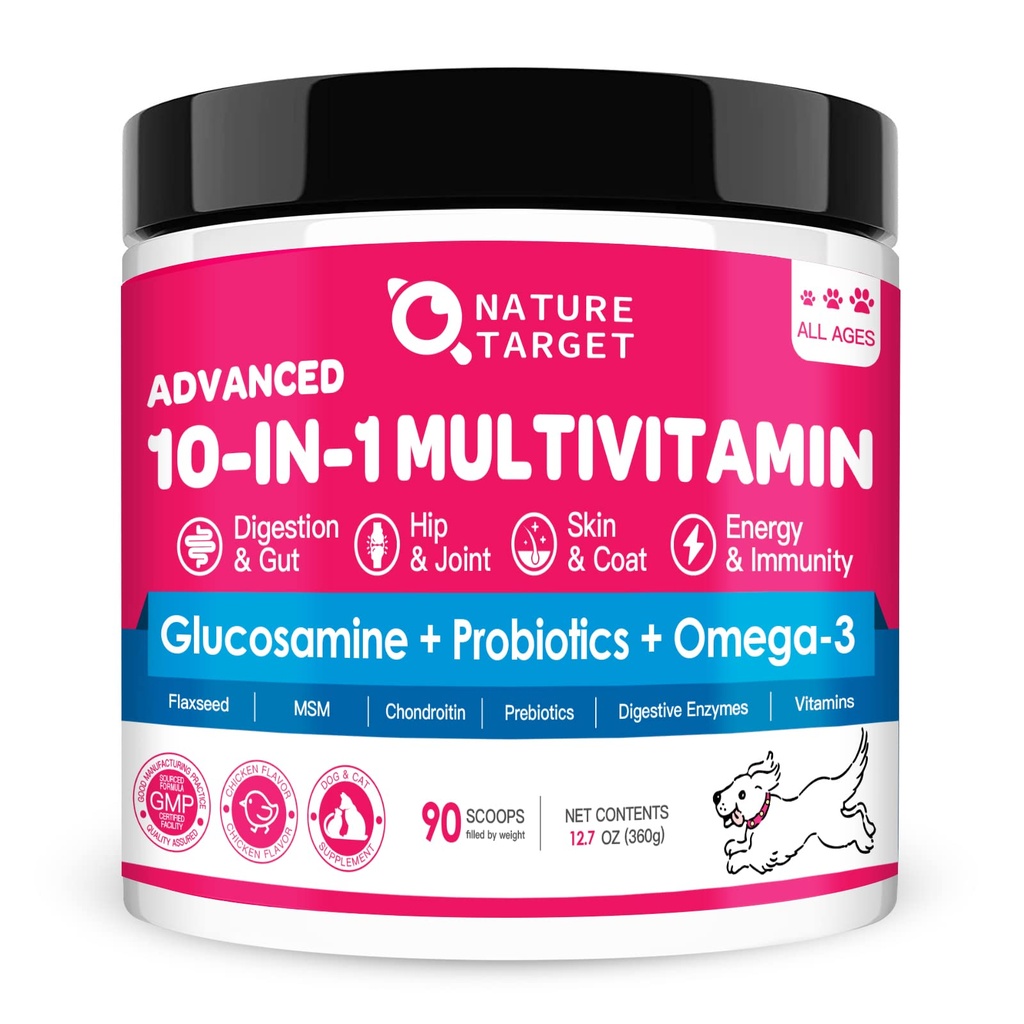 NATURAL TAVOITTEET Koiran vitamiinit Kuiva-aine, probiootit ja digestiiviset entsyymit Gut Health, Glukosamiini & Chondroitin & Omega 3, Täydellinen täydennys kotitekoisten koiranruokien, nivelten & ihon & immuuni- tuki