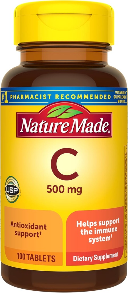 Luontovalmistettu C-vitamiini 500 mg Caplets, 100 mg, immunosuppressioon, gluteeniton