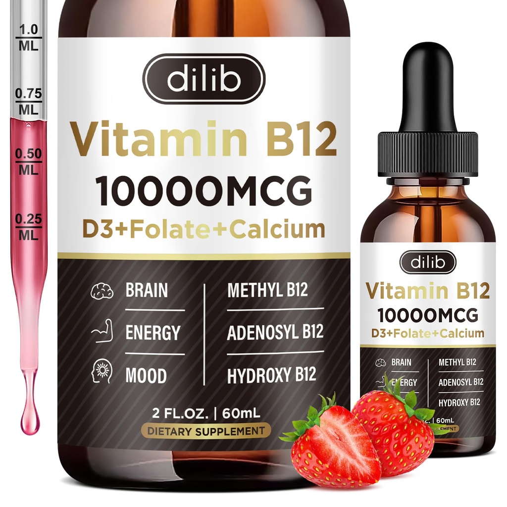 Vitamin B12 Liquid Drops Sublingual 10000 mcg, Triple B-12 Complex Supplement, Methyl & Methylcobalamin Blend för kvinnor och män, humör & energi Booster, Methylated B 12 för Metabolism & Health Support