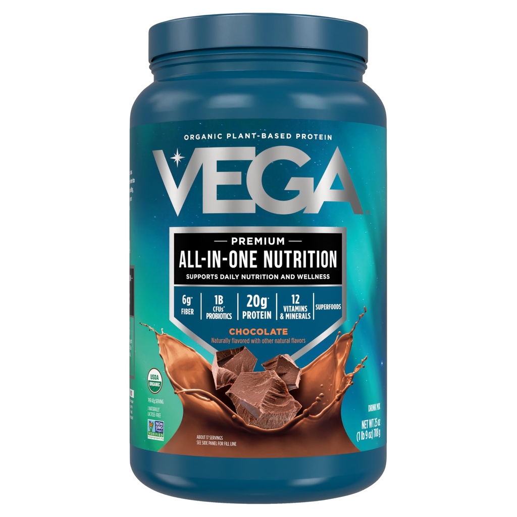 Vega Organic All-in-One Vegan Protein Powder, Chocolate - Superfood Ingredients, Vitaminer för immunitetssupport, Keto Friendly, Pea Protein för kvinnor och män, 25 Oz (Packaging May Vary)