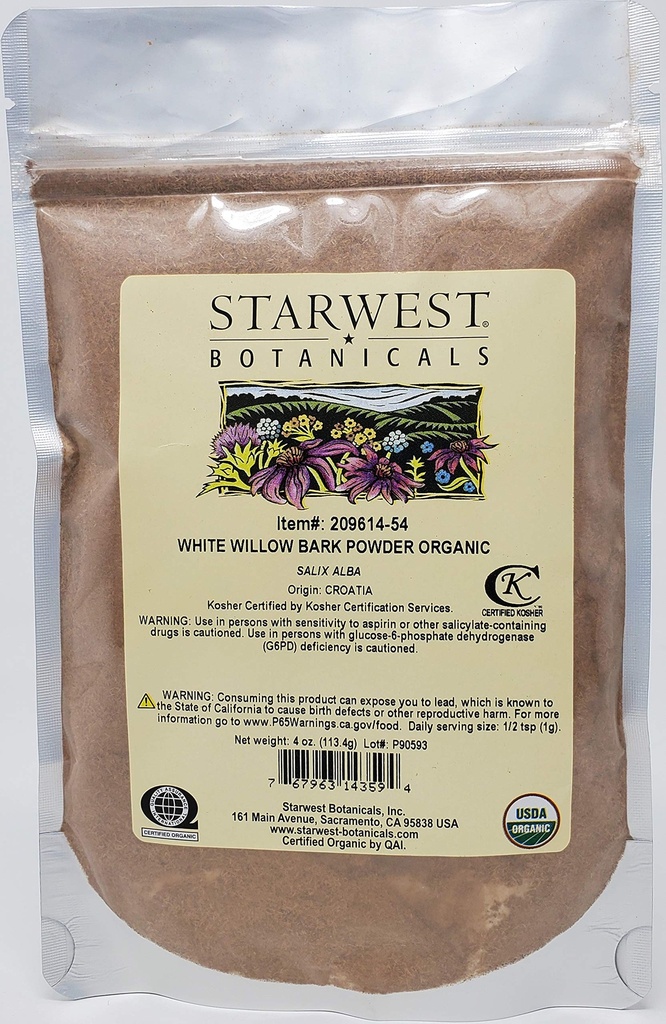 Starwest Kasvitieteet Organic White Willow Bark Powder, 4 Ounces