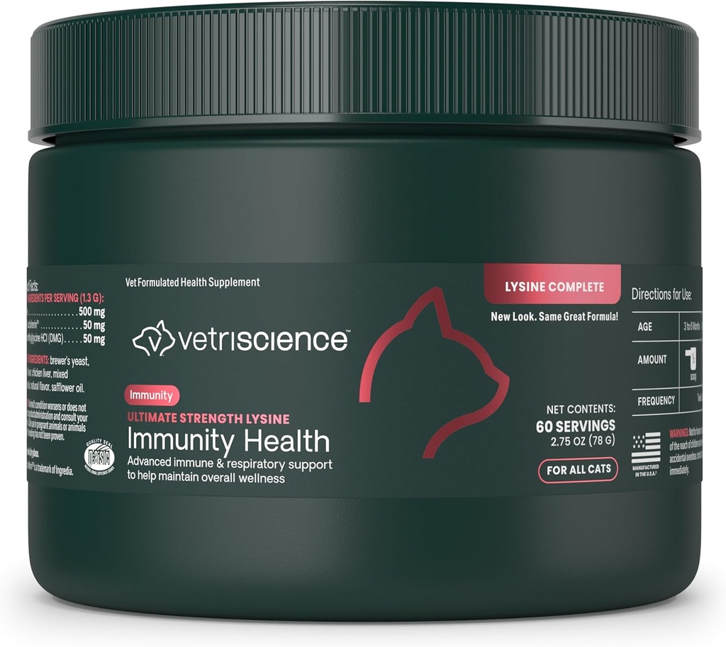VetriScience Ultimate Strength Lysine Immuniteetti Health Powder for Cats & Kittens, Allergia & Nenän tuki, Aivastelu, Runny Nenä & Waty Eyes, Chicken & Juusto maku, 60 Count - New Look