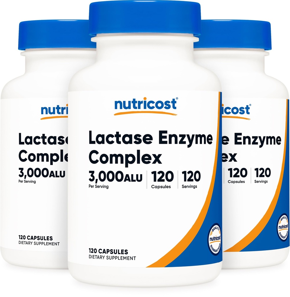 Nutricost Lactase Enzyme Complex 3000 FCC ALU, 120 Kasviskapselia - ei-GMO, Gluteeniton, 120 tarjoilua (3 pullo)