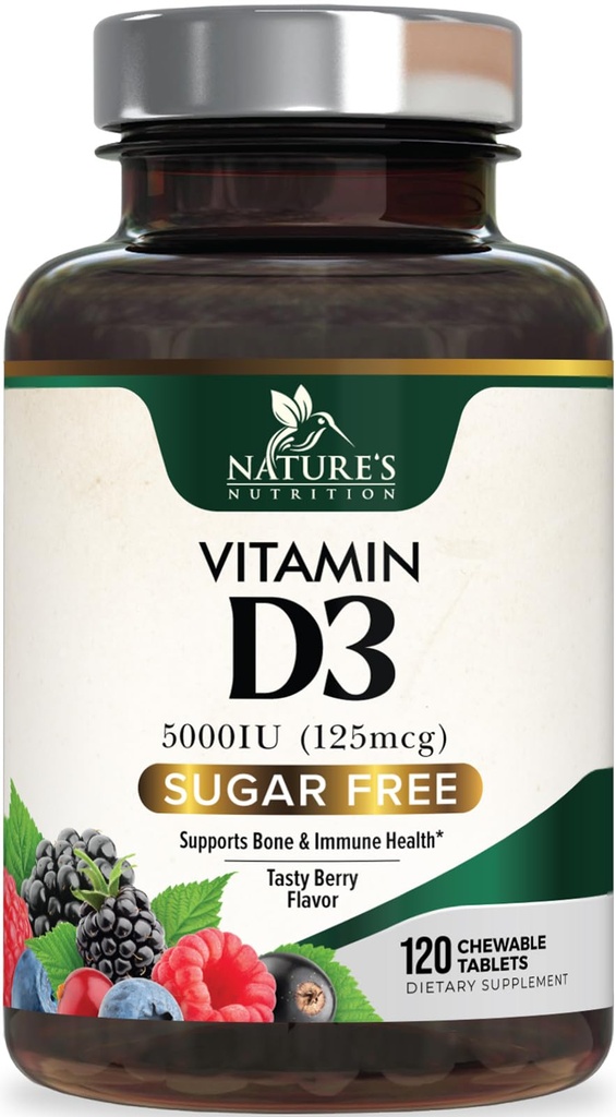 Vitamin D3 5000 IE (125 mcg) Nature Extra Strength Vitamin D Supplement Chewable for Immune Support Health - Bone, Teeth and Muscle Supplements - Sugar Free, Non-GMO, Gluten Free - 120 greve tabletter