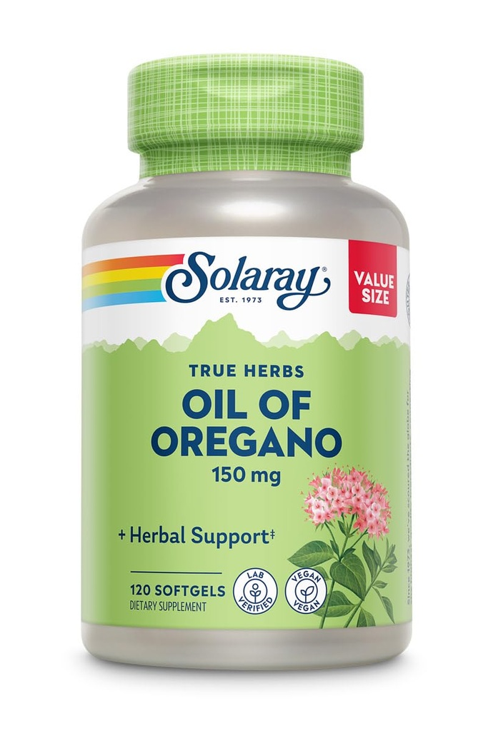 SOLARAY Oil of Oregano Softgels 150 mg - Oregano Oil Supplement for Powerful Wellness Support - Gentle Digestion - Extra Neitsyt Olive Oil Base - Vegan, 60 päivän takuu - 120 Tarjoilut, 120 Softgels