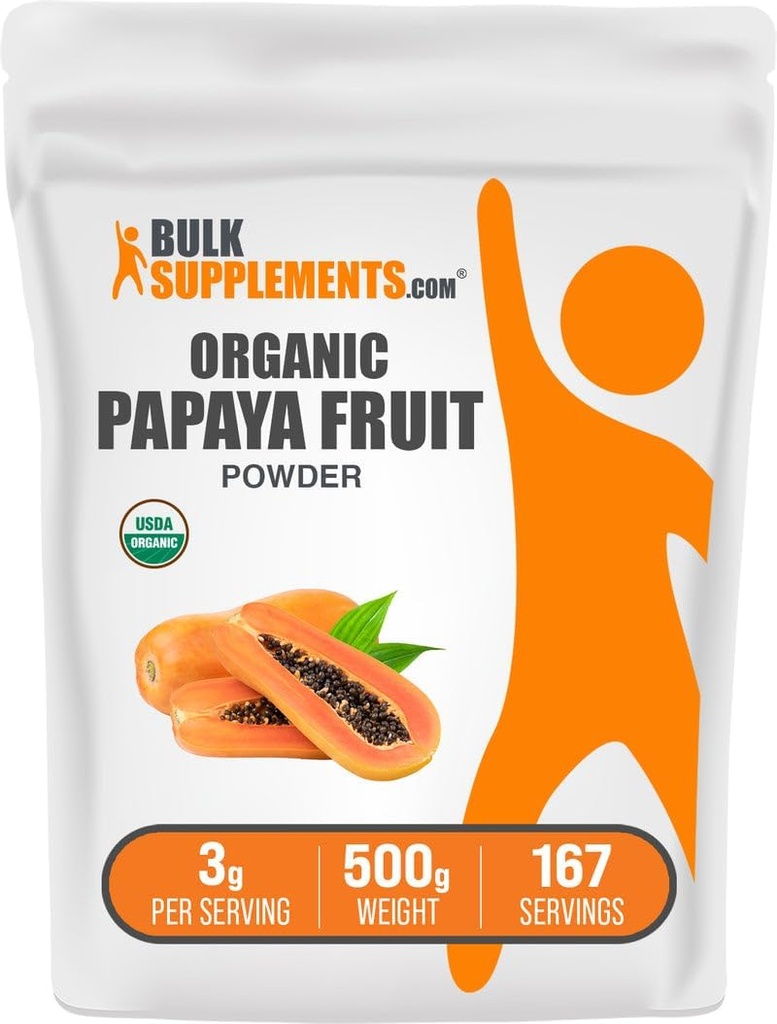 BulkSupplements.com Organic Papaya Fruit Powder - Flavoring Powder, lähde Carica Papaya Fruit - Gluteeniton, 3g per Tarjoilu, 500g (1,1 lbs) (Pakkaus 1)