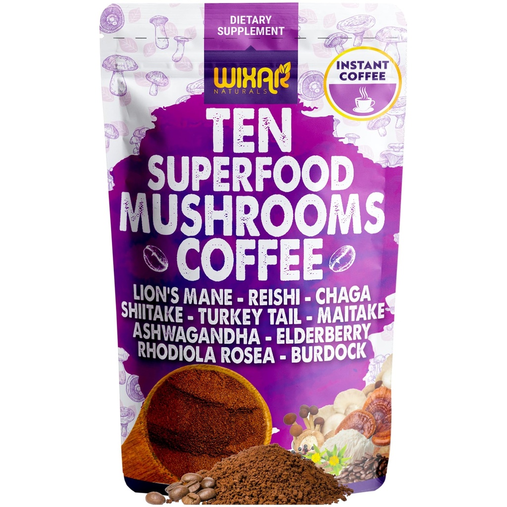 WIXAR Superfood Mushroom Coffee - pikakahvijauhe, kymmenen Superfood-uutteita leijonan mane, Turkey Tail, Reishi, Chaga, Shiitake, Ashwagandha, Rhodiola Rosea, Elderberry, 5oz Sieni täydentää