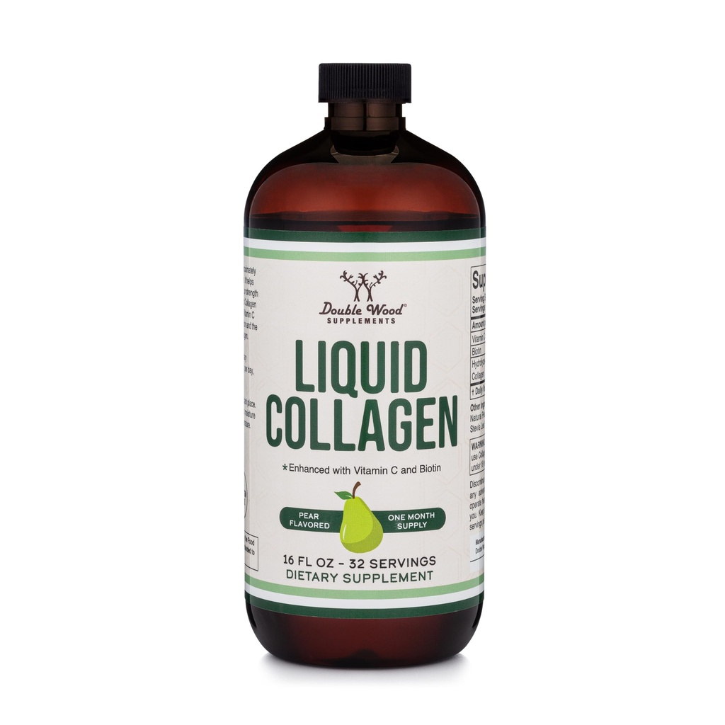 Double Wood Supplements Liquid Collagen - 2500 mg hydrolysoitua naudan kollageenia (tyyppi 1, 3 ja Grassfed) - 32 tarjoilua - naisille ja miehille - 30 mikrog Biotiinia - sokeriton päärynämalasi