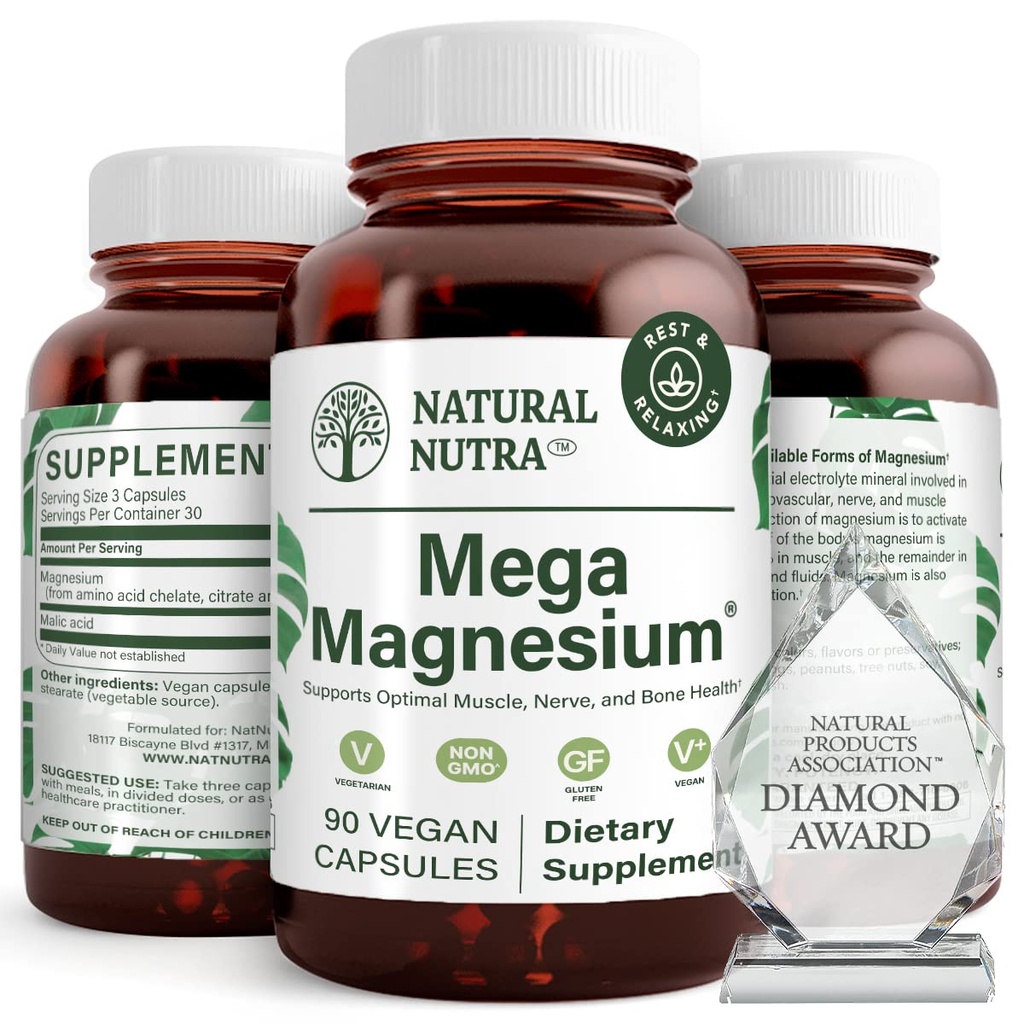Natural Nutra Mega Magnesium 400mg Supplement - Hög Absorption Amino Acid Chelate, Bättre Vibes, Citrat, Malate Blend för muskeltillväxt, benstyrka, hjärthälsa, Nerve Support - 90 kapslar