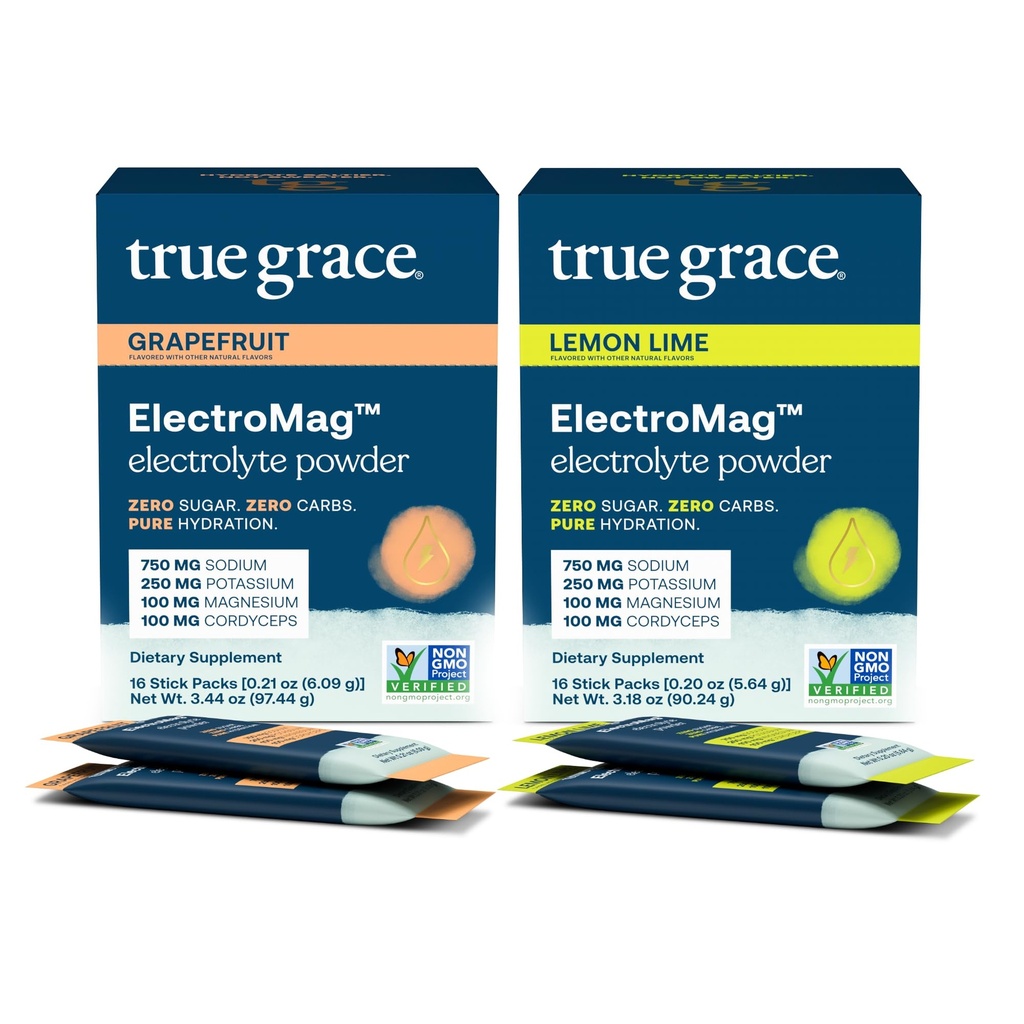 True Grace ElectroMag - Greippi (16 Stick Packs) + sitruunan lime (16 Sticck Packs) - Electrolyte Powder for Rapid Hydration - Zero Sugar & Carbs - Ei-GMO - 32 Yhteensä