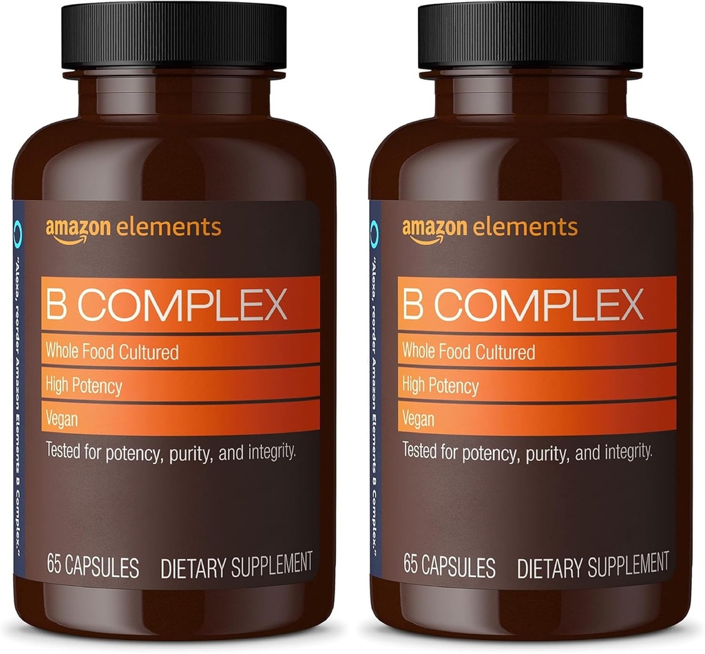 Elements B Complex, High Potency, 83% Whole Food Cultured, stöder Immune och Normal Energy Metabolism, Vegan, 65 kapslar, 2 månaders leverans (Packaging May Vary) (Pack of 2)