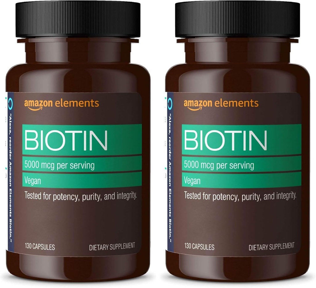 Elements Vegan Biotin 5000 mcg - Hair, Skin, Nails, 130 kapslar (4 månaders leverans) (Packaging May Vary) (Pack of 2)