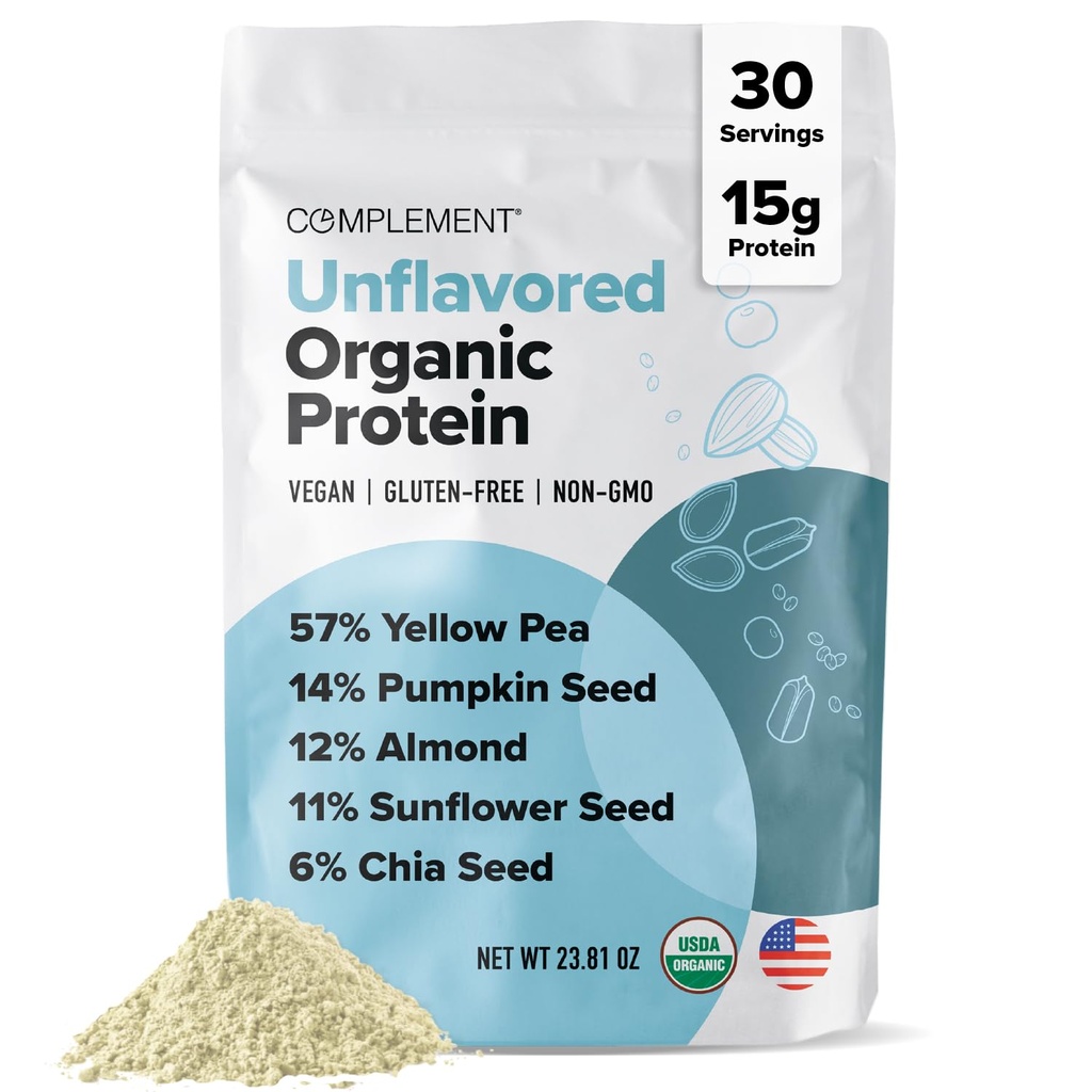 Complementary Organic Unmariored Vegan Protein Powder (30 tarjoilua) Low Carb, Low Calorie, Sokeriton, soijaton, ei-GMO, Gluteeniton, Non Dairy Keltaherne, Kurpitsa siemen- 15g Kasvipohjainen proteiinijauhe
