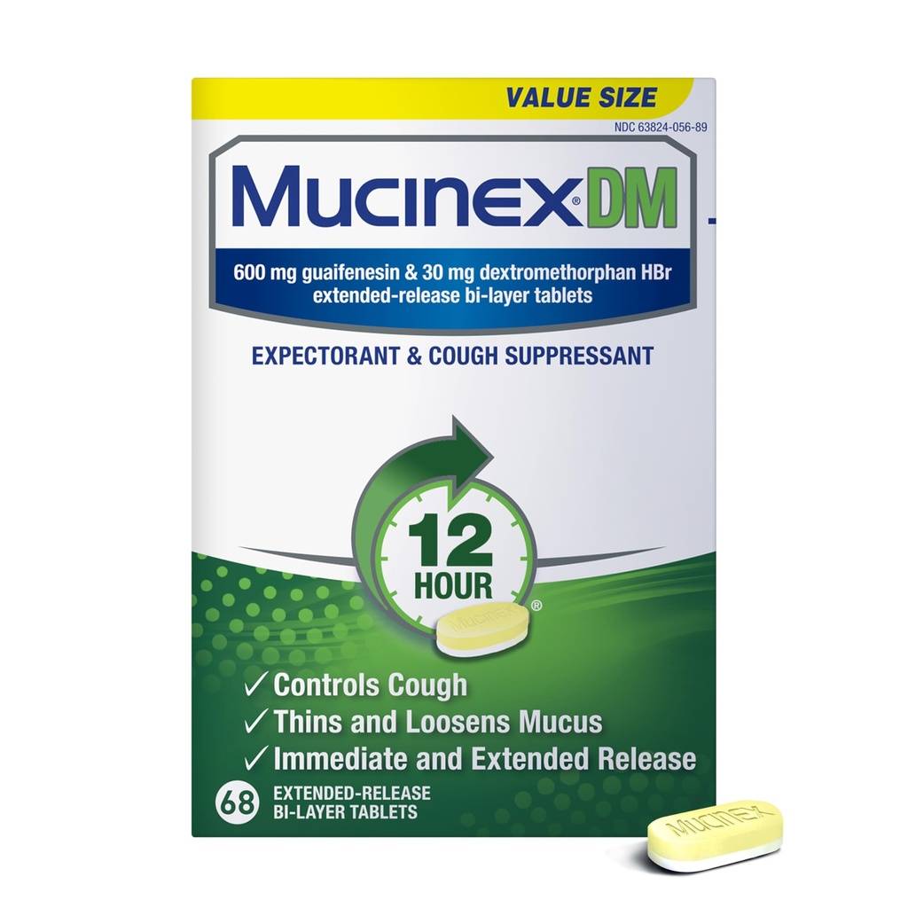 Mucinex DM 12Hr Chest Congestion & Cough Medicine Aikuisille, kylmälle ja yskivälle lääkkeelle liialliseen limaan, 600 mg Guaifenesiini & 30 mg Dextrometorphan HBr, 68 Bi- Layer tablettia