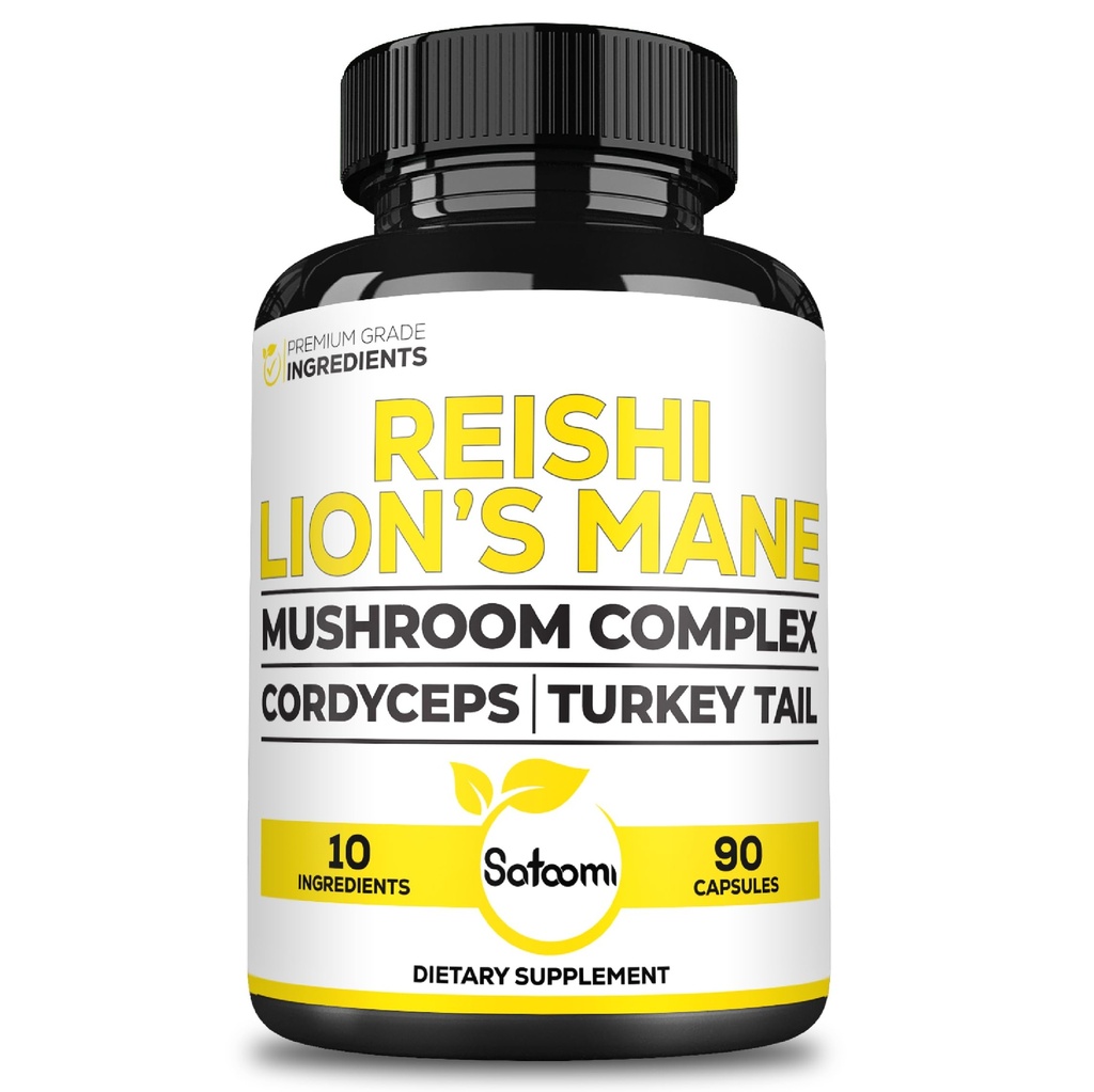 Satomi Reishi Supplement Complex 5000Mg - 10in1 Yhdistetty Lions Mane, Cordyceps Sinensis, Chaga Mushroom & muut - 90 kapselia 3 kuukautta
