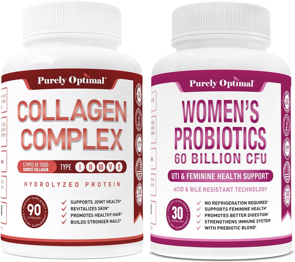 Puhtaasti Optimal Premium Multi Collagen Peptides -kapselit (tyypit I, II, III, V, X) + Premium Probiootit naisille - 60 miljardia PMY, Dr. Formulated Prebiootit & Probiootit naisille