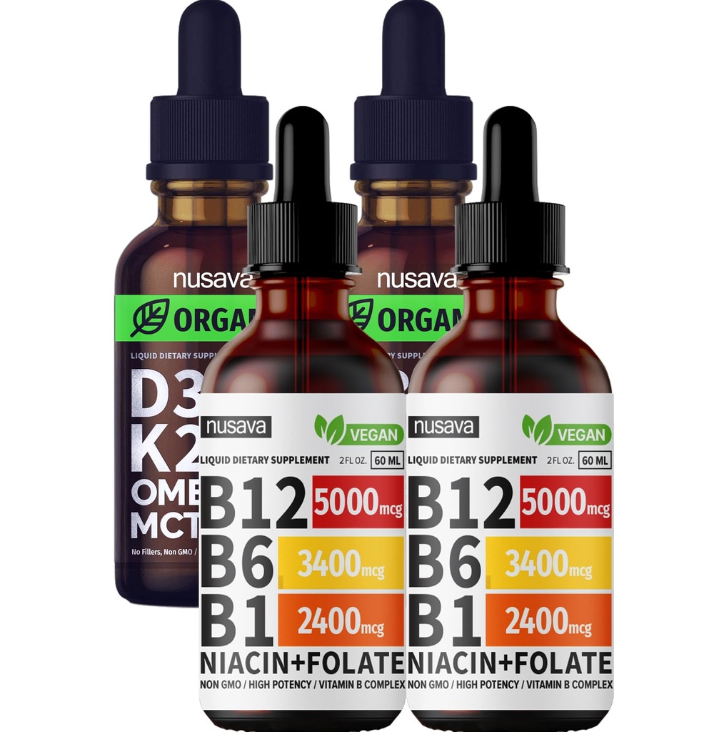 NUSAVA Vitamin B12 Liquid Drops och Unflavored D3 K2 Bundle - Potent Liquid Vitamins for Heart, Joint, Energy, & Immune Support - Non-GMO, Gluten-Free, 2pk Varje
